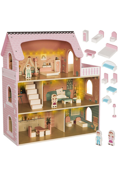 zola Casuta de papusi din lemn cu lumini LED, 5 camere, balcon, utilata, 3 etaje, 27 x 62 x 70 cm