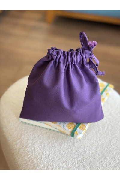 MEKİK BUTİK Mor Keten Mini Bez Kese - Büzgülü Çanta İçi Düzenleyici - Makyaj Çantası - 20x20 -bez poşet