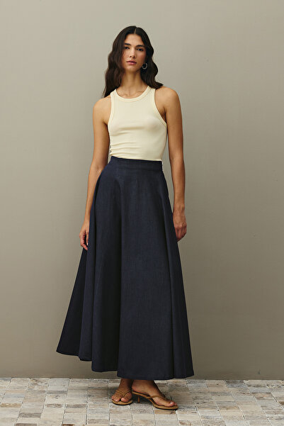 Fahhar Part Cut Denim Skirt Navy Blue