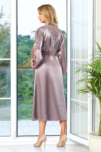 FAAL 2609 Kadın Dantel Detaylı Saten İp Askılı Uzun Gecelik Sabahlık Takım-Vizon