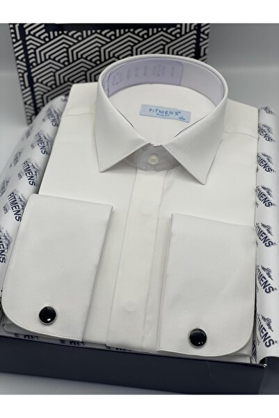 Fitmens Slim Fit Uzun Kol Gizli Düğmeli Likralı Smokin Damatlık Erkek Gömlek FS-004296 - Krem