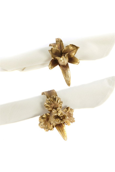 BraziPremium Set de 2 inele de șervețel Orhidee și Iris, 9 cm, rășină, auriu