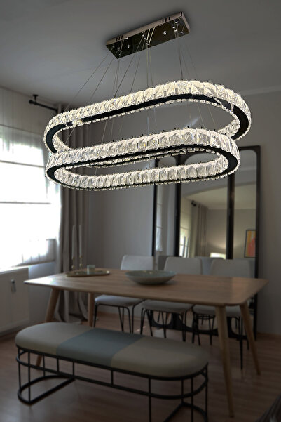 RSCOLLECTIONS 2 KATLI YEMEK MASASI ÜSTÜ TAŞLI MODERN AVİZE Kumandalı Krom