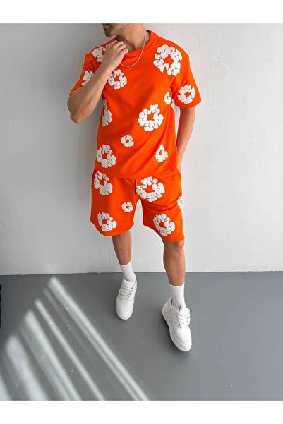 GökTR Two Thread Fabric Printed T-Shirt Shorts Suit - Orange