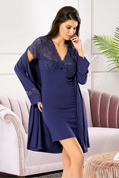 FAAL 6021 Women's Viscose Short Sleeve Nightgown Dressing Gown Set-Navy Blue