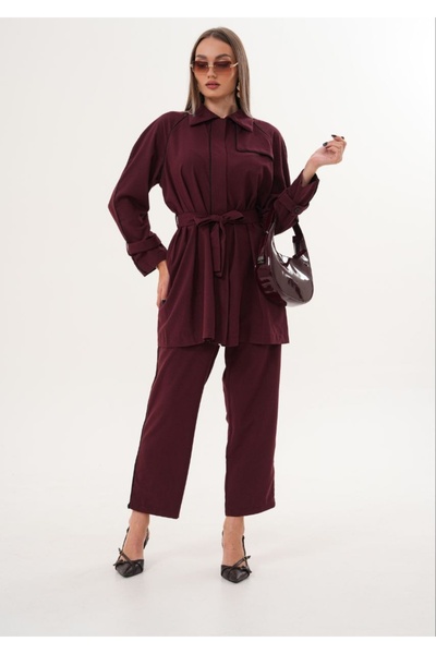 Serra Women's Burgundy Stripe Detailed Hijab Suit