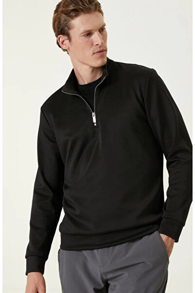 GökTR Unisex Long Sleeve Half Zip Collar Basic Sweatshirt - Black