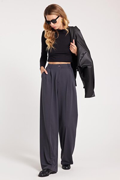 Tudors Kadın Regular Fit Klasik Kesim Yüksel Bel Geniş Paça Antrasit Pantolon