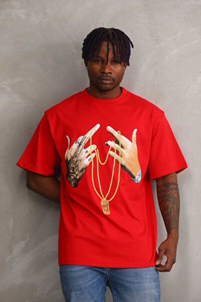 GökTR Unisex Printed Oversize T-Shirt - Red