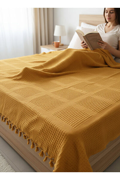 Ladylina Home 100% Cotton Double Pike, Tasseled Bedspread Square Waffle Pattern 220X240