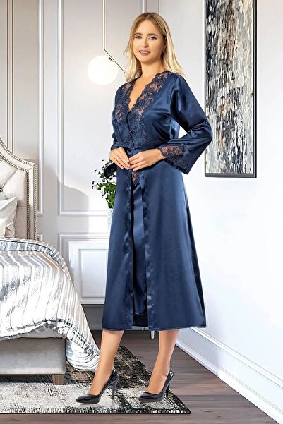 FAAL 2604 Women's Lace Detailed Satin Strap Long Nightgown Dressing Gown Set-...