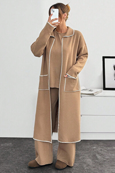 H&E LUXURY DESIGN Women's Camel Stripe Detailed Pocketed 3-Piece Knitwear Set