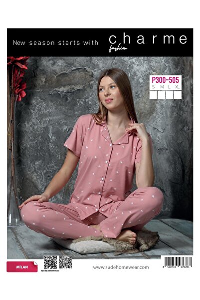 CHARME طقم بيجامة نسائي من قماش الخيزران ميلانو باللون الوردي وياقة دائرية وأ...