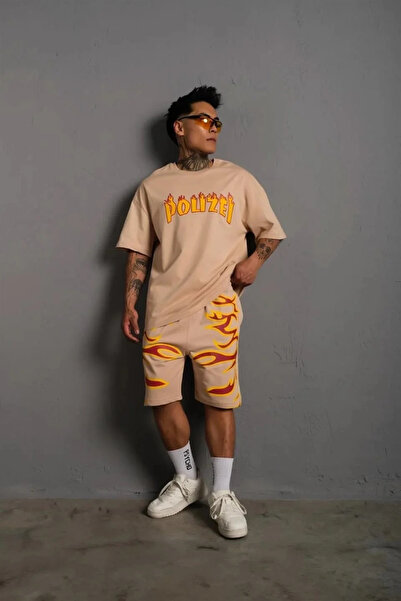 GökTR Men's Flame Printed Double Shorts Suit - Beige