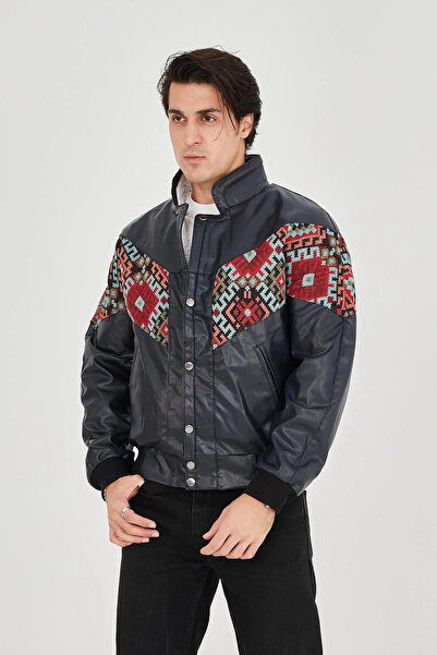 GökTR    Men's Lined Vintage Jacket with Plush Inside Collar - Navy Blue