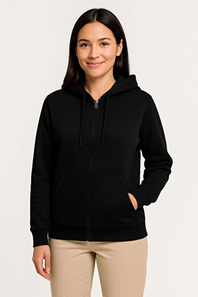 indispensablely Women's Three Thread Hooded Full Zipper Kangaroo Pocket Sweatshirt Hoodie - Black