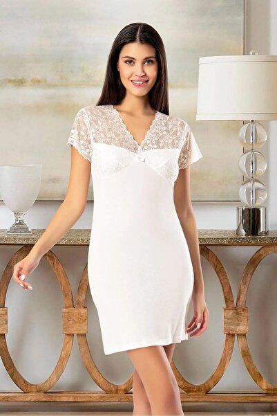 FAAL 6020 Women's Viscose Short Sleeve Nightgown Dressing Gown Set-Ecru