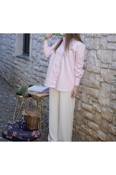 faden official Pembe pamuk saten uzun kollu gömlek tunik