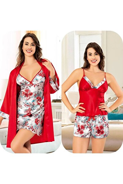 FAAL 20743121 Women's 4-Piece Satin Nightgown Robe Set with Shorts - Red