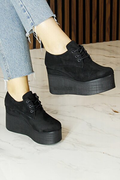 Erkan Saçmacı Apricity Black Suede Round Toe Lace-Up Hidden Wedge Heel Casual Shoes