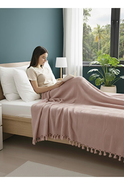 Ladylina Home 100% Cotton Double Pike, Tasseled Bedspread Square Waffle Pattern 220X240