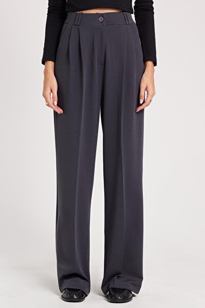 Tudors Kadın Regular Fit Klasik Kesim Yüksel Bel Geniş Paça Antrasit Pantolon