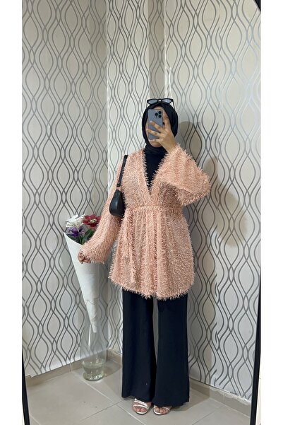 DİLEKBUTİK Salmon-Colored Fringed Mobile Belt Kimono