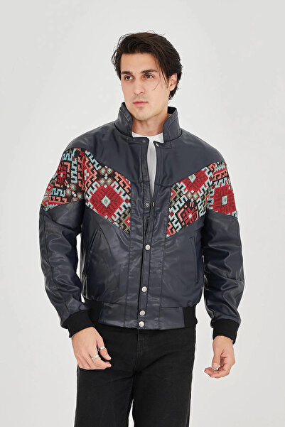 GökTR    Men's Lined Vintage Jacket with Plush Inside Collar - Navy Blue