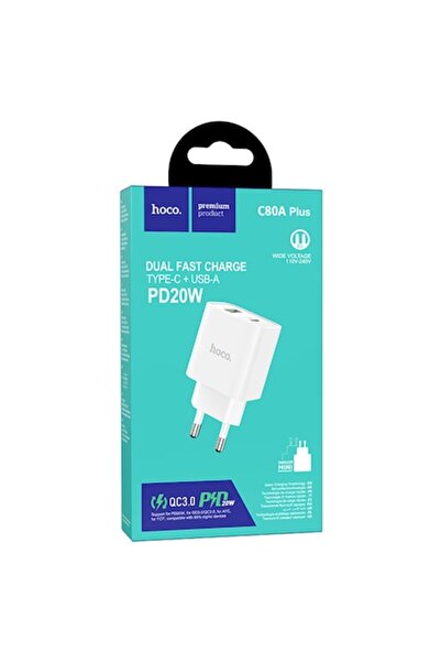 Hoco Incarcator Retea (C80A Plus), 20W, 5V, 3.1A, 1xUSB-C, 1xUSB-A, PD, QC 3.0, White