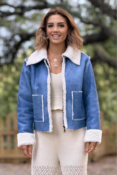 Nevin Kaya Moda Blue Denim Coat with Fur Inside