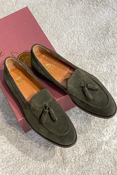 NAZEF Men's Genuine Suede Leather Dark Green Tasseled Neolite Sole Loafer Shoes