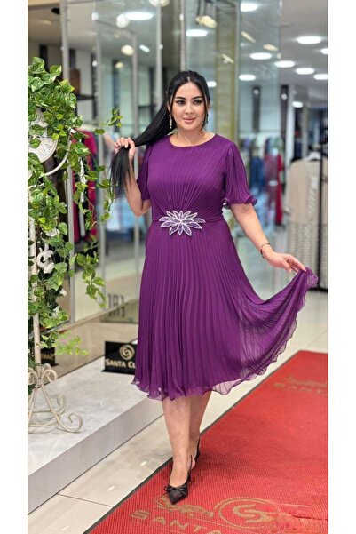 live forever Büyük Beden Pileli Şifon Abiye Elbise – Volan Kol, Midi Boy, Bro...