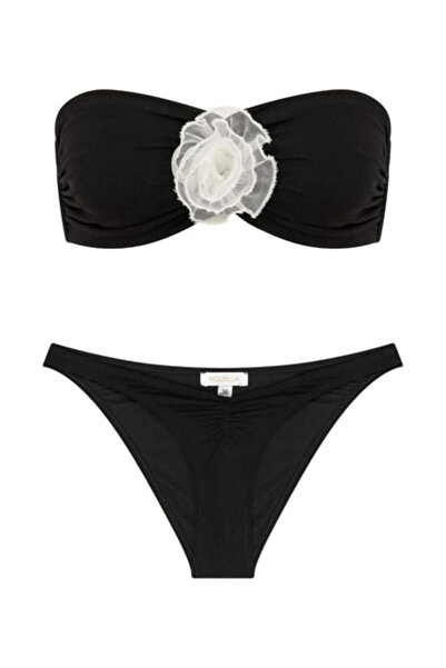 AQUELLA Black Strapless Bikini Set with Floral Detail