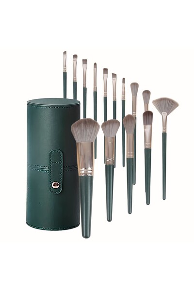de Комплект от 14 четки за грим с меки косъмчета и държач за съхранение, зелени