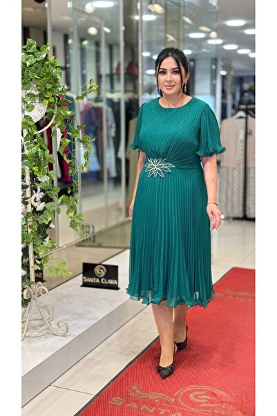 live forever Büyük Beden Pileli Şifon Abiye Elbise – Volan Kol, Midi Boy, Bro...