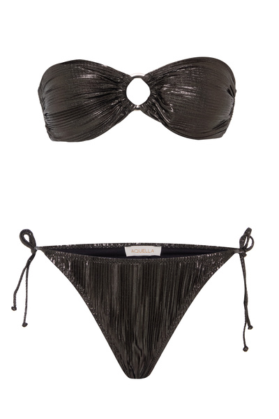 AQUELLA Buckle Pleated Black Shiny Strapless Bikini