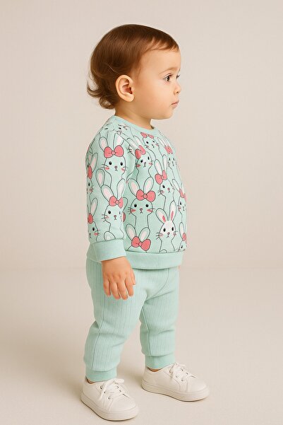 dinamik çocuk Baby Girl Double Set Rabbit Report Printed Ribbed Sweatshirt and Bottoms-Seasonal 3-6-9-12Months