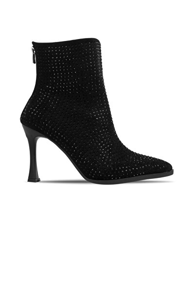 Lal Shoes & Bags Bendis Women's Stone Back Zipper Pointed Toe Heeled Boots (4179)-Black