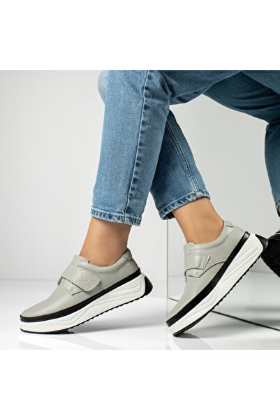 Modlet.ro Women's grey leather platform casual shoes with hook-and-loop strap...