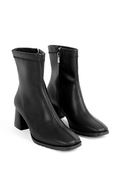 Lal Shoes & Bags Penia Kadın Dikiş Detaylı Küt Burun Fermuarlı Topuklu Bot(4178)-siyah