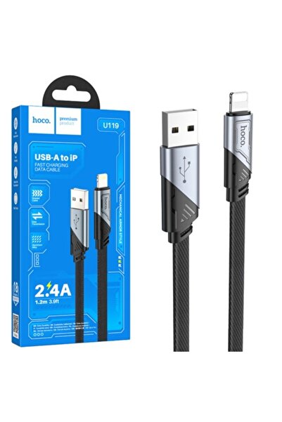 Hoco Data and Charging Cable (U119), USB-A to Lightning, 2.4A, Flat, 1.2m, Black