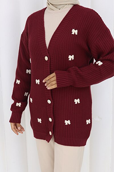 benguen Πλεκτό Ζακέτα με Λεπτομέρεια Φιόγκου N490 Βουργουνδίας