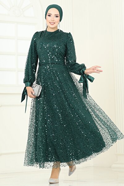 ModaMerve Boncuk Detaylı Tül Abiye 2822ELC1143-MS Zümrüt