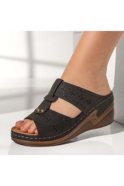 Modlet.ro Women's black platform casual slides with perforations MOD13111