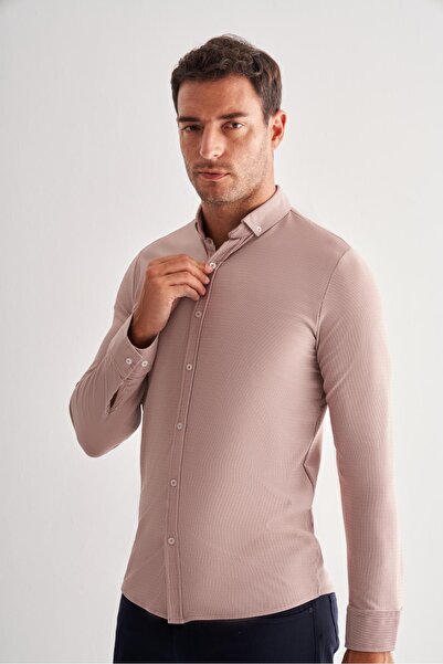 İmza Σκούρο καφέ Smart Buttoned Collar μακρυμάνικο πουκάμισο χωρίς τσέπες Slim Fit Casual πουκάμισο 1004255165