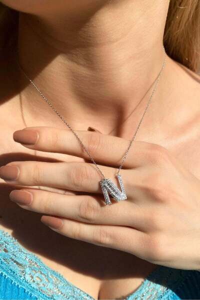 Spossy Silver Jewelry Baget Taşlı N Harfi Kolye