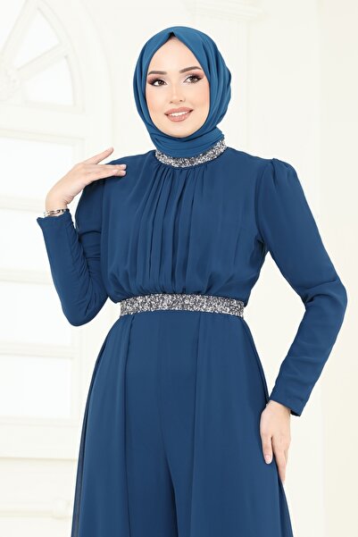 ModaMerve Drapeli Şifon Abiye Tulum 5006AB368-MS Petrol