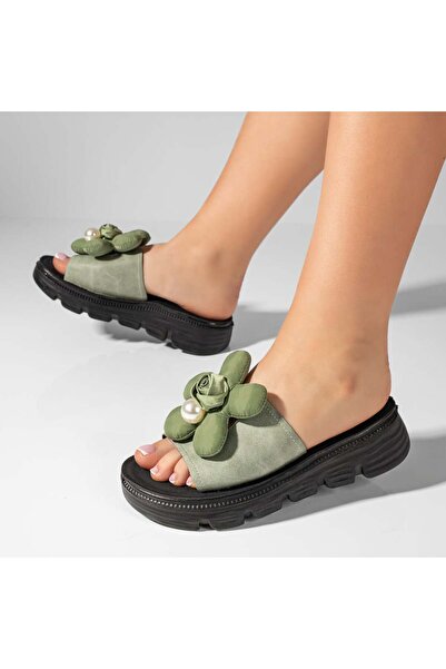 Modlet.ro Women's green thick-sole slides with floral print MOD11434