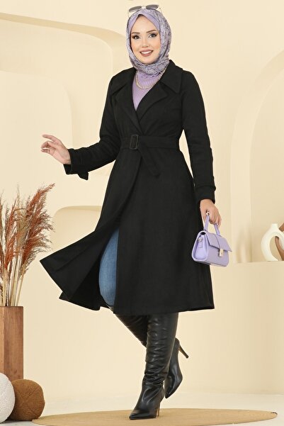 ModaMerve Kemeri Tokalı Süet Kaban 6246BSK463-MS Siyah