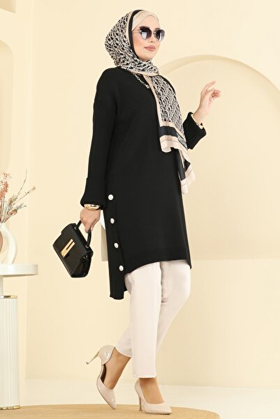 ModaMerve Düğme Detay Yırtmaçlı Tunik 2716AYD574-MS Siyah